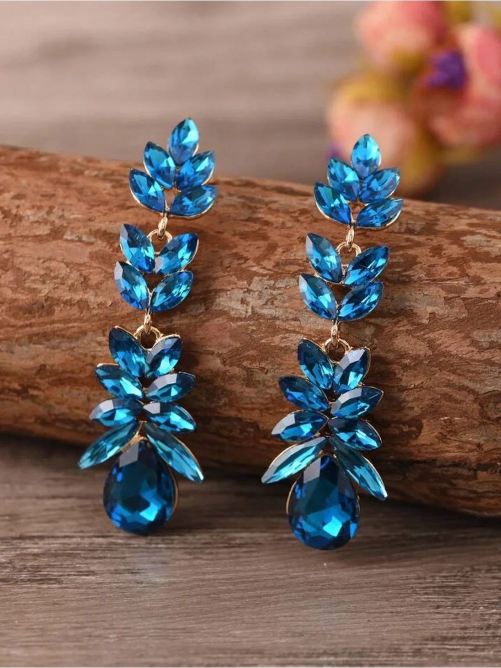 Blue Crystal Drop Leaf Earrings - Elegant Women's Jewelry